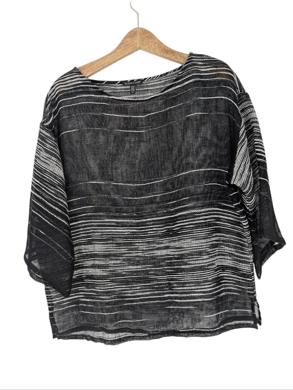 Eileen Fisher Illusion Organic Linen Mesh Bateau Neck Top Black Small - Picture 3 of 8